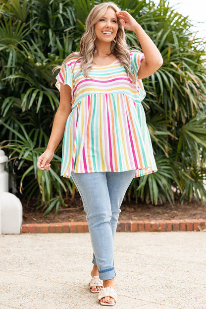Multicolor Stripe Print Textured Knit Babydoll Blouse
