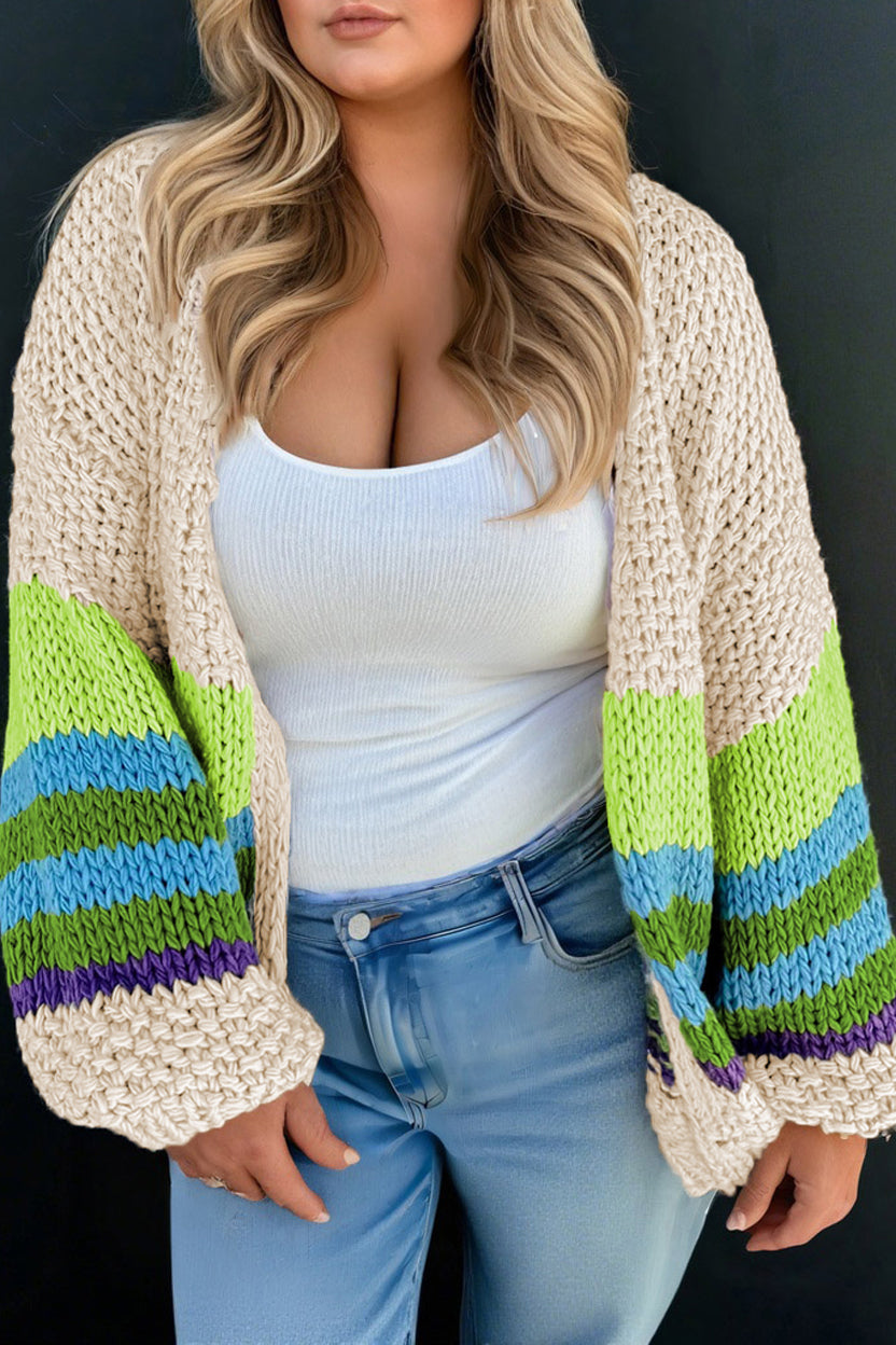 Parchment Color Block Crochet Open Front Plus Size Cardigan