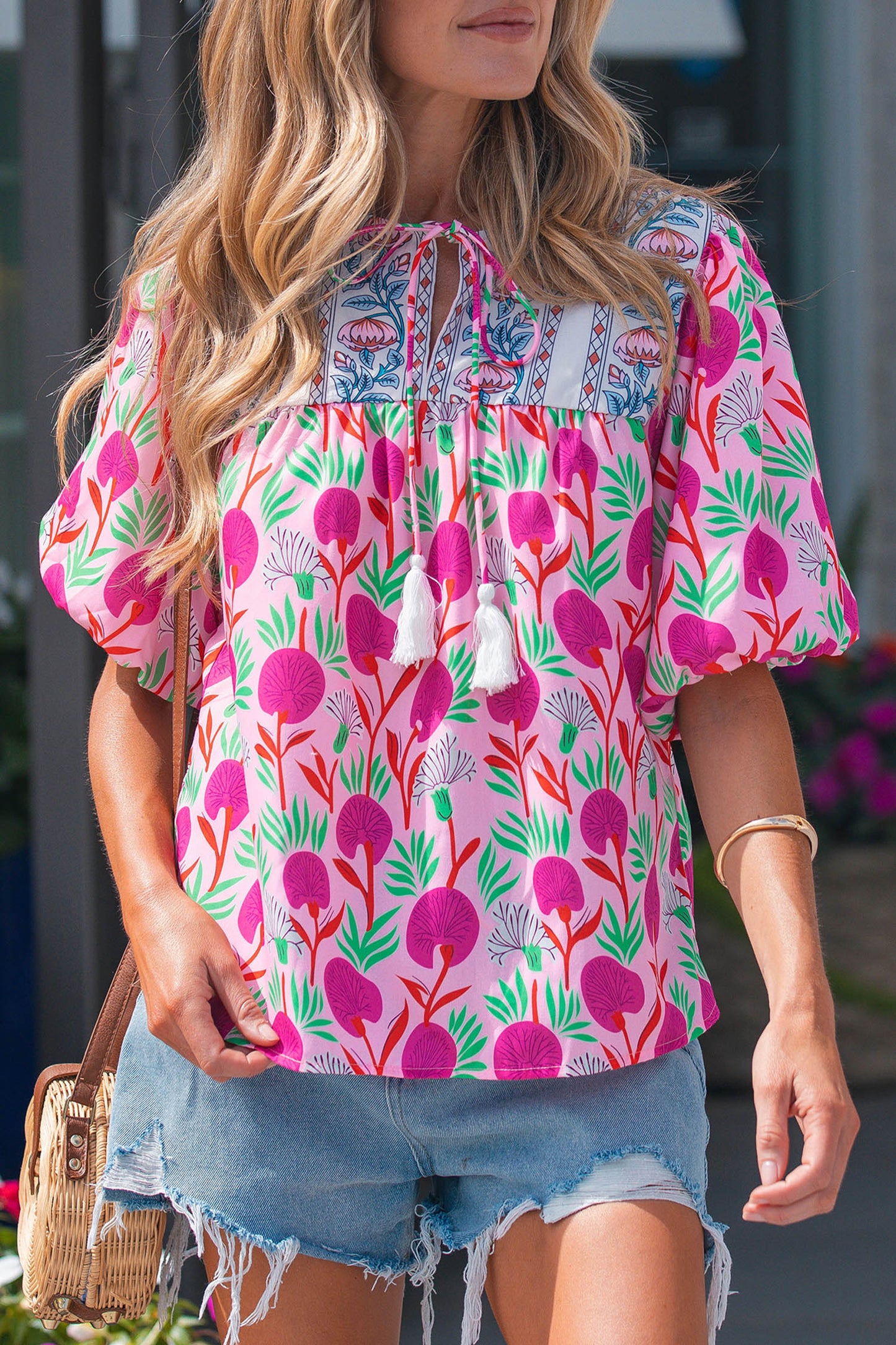 Pink Floral Print Short Sleeve Contrast Patchwork Tassel Tie Blouse