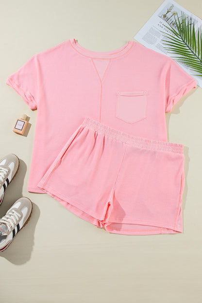 Ensemble t-shirt et short côtelé rose grande taille à coutures apparentes
