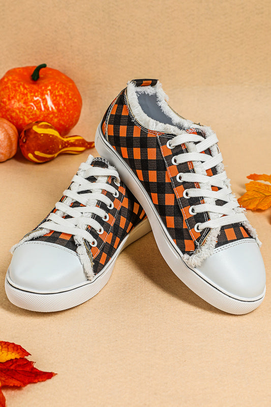 Orange Plaid Frayed Trim Lace-up Shoes