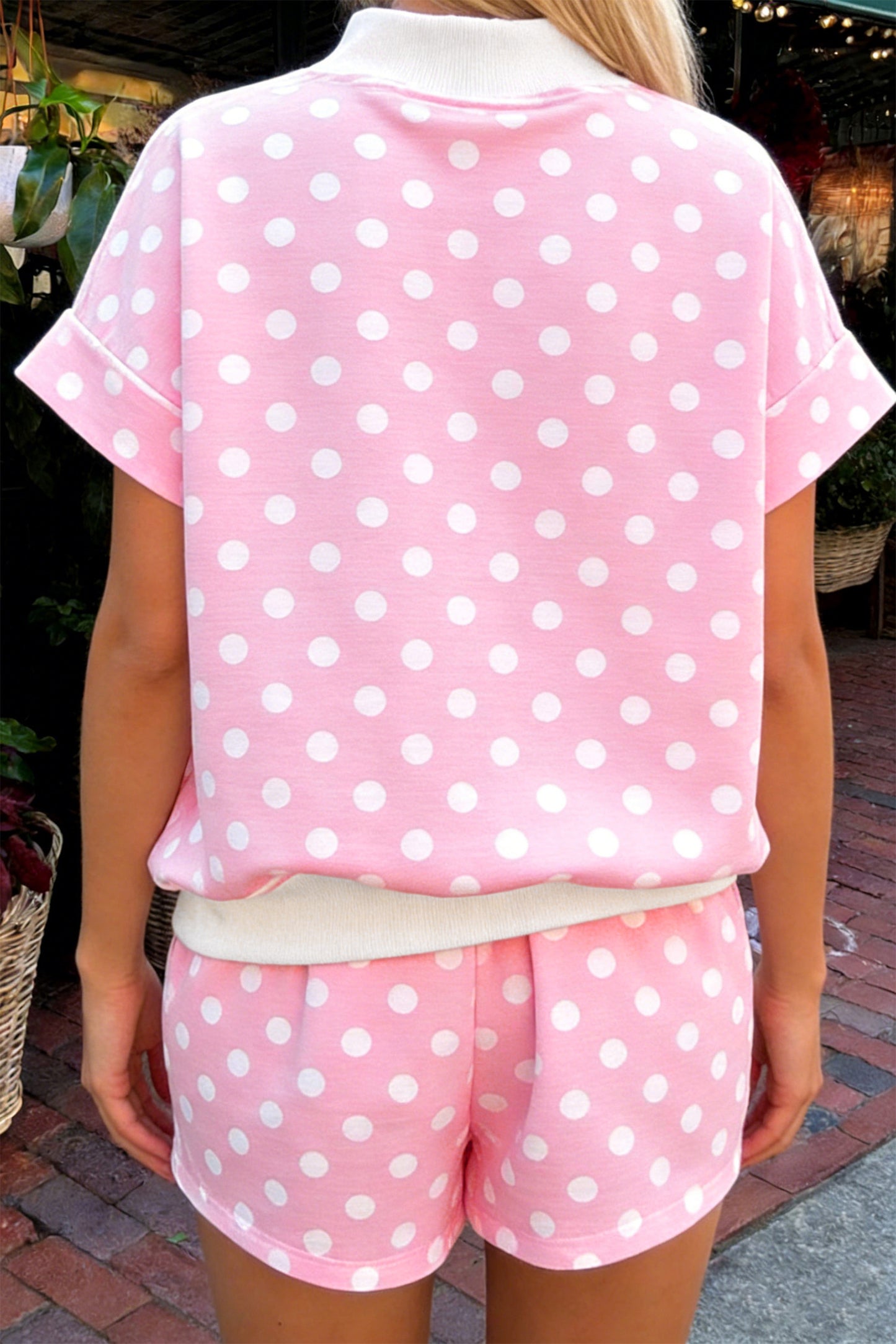 Green Polka Dot Print Color Block Trim Mock Neck Short Set