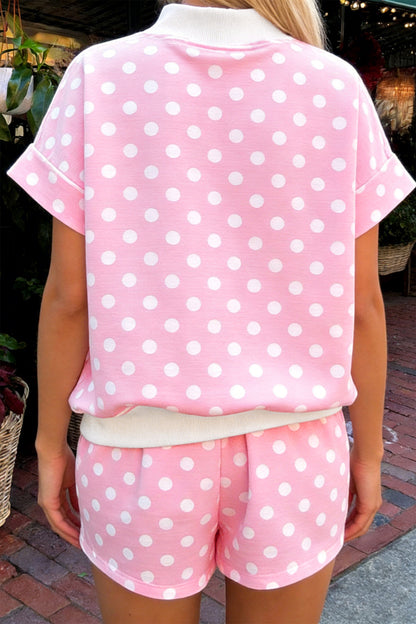 Green Polka Dot Print Color Block Trim Mock Neck Short Set