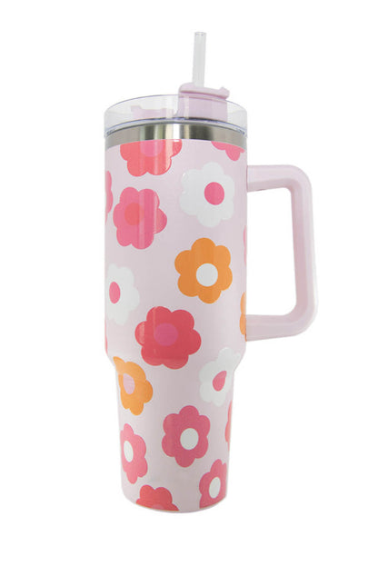 Taza de vacío de acero inoxidable con asa y estampado de flores multicolores