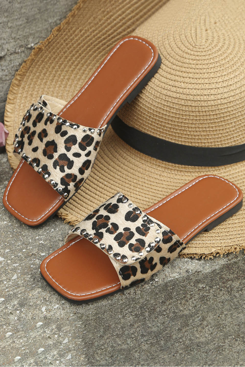 Rivet Embellished Cow Print Flat Slippers