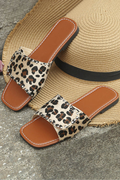 Rivet Embellished Cow Print Flat Slippers