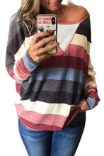 Multicolor Striped Mesh Splicing Round Neck Long Sleeve Top