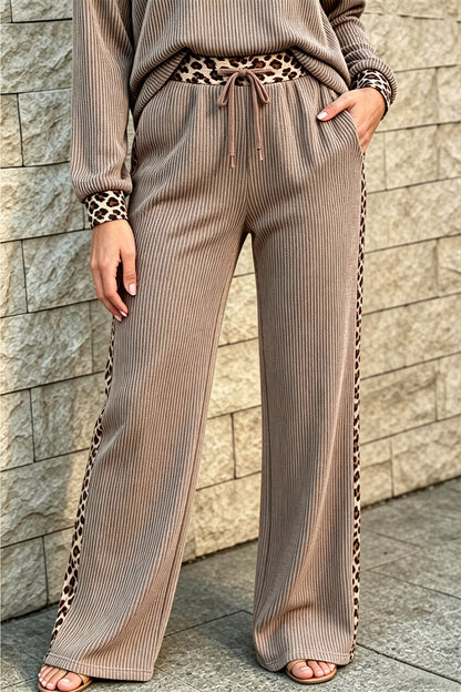 Simply Taupe Cozy Ribbed Patchwork Leopard Trim Long Sleeve 2pcs Pant Set