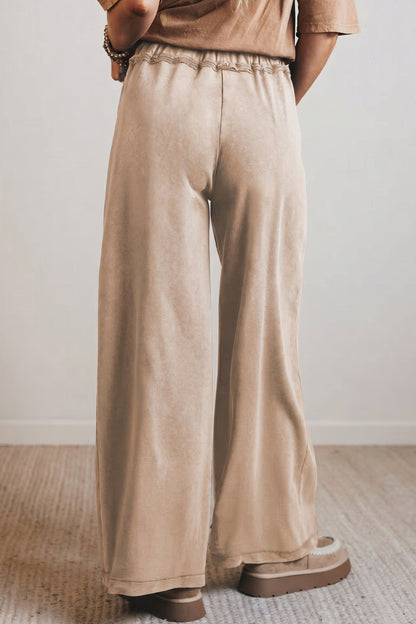 Smoke Gray 100% Cotton Mineral Wash Drawstring Retro High Waist Wide Leg Western Pants