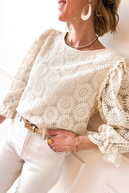 Chemisier à volants et boutons au dos en jacquard fleuri à motif flocons d'avoine, manches 3/4