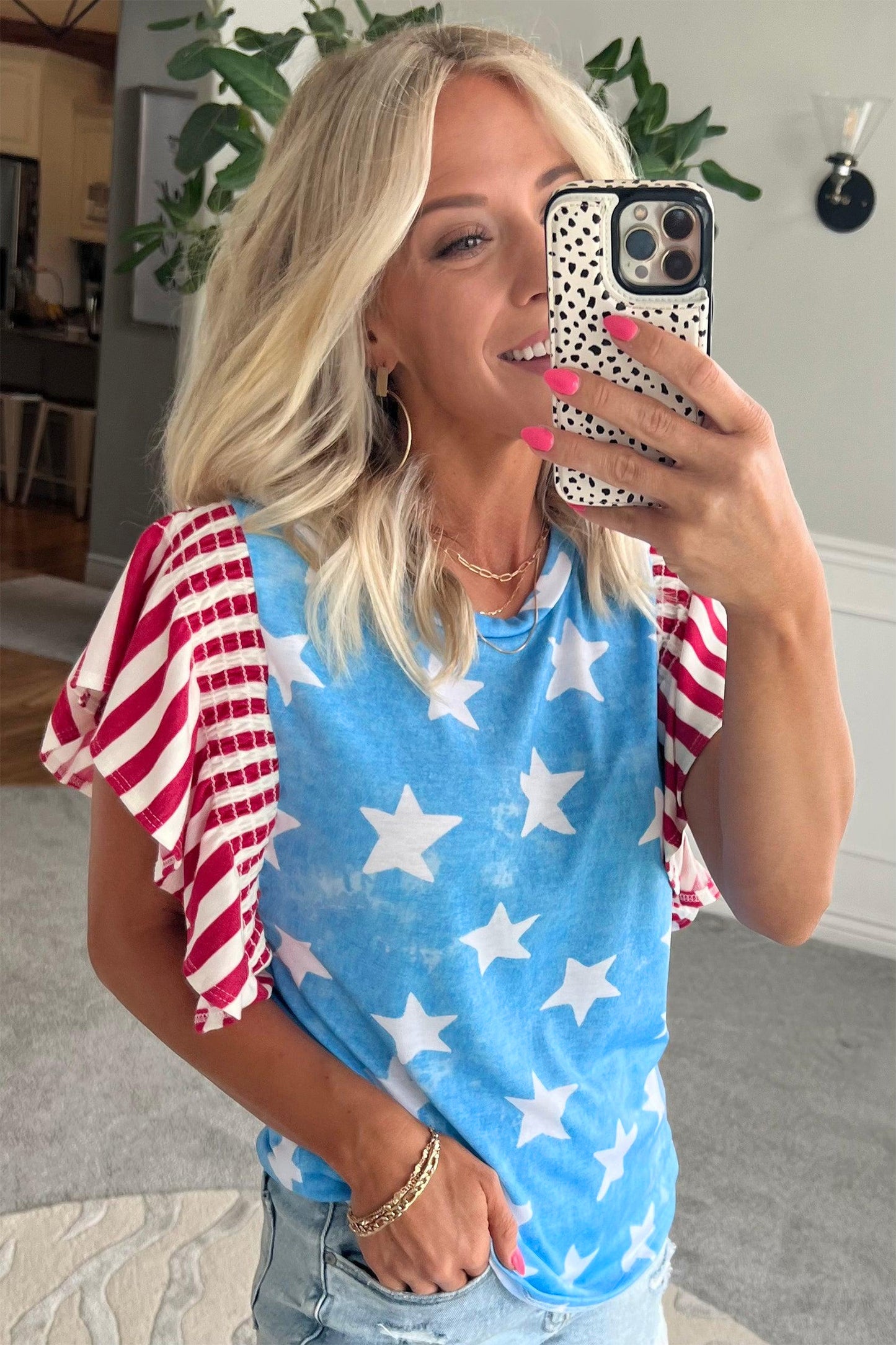 Sky Blue Vintage Star Print Striped Ruffle Sleeve Independence Day Top