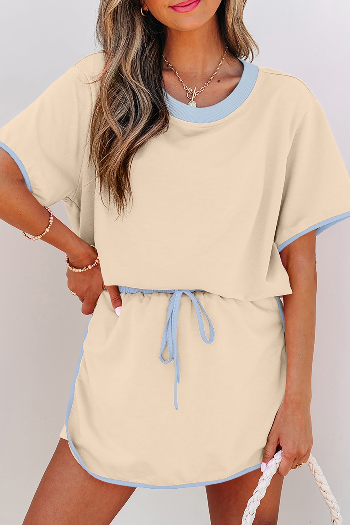 Turquoise Colorblock Edge Drop Shoulder T Shirt and Skort 2Pcs Set