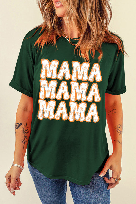 Green MAMA Flower Slogan Print Crew Neck T Shirt