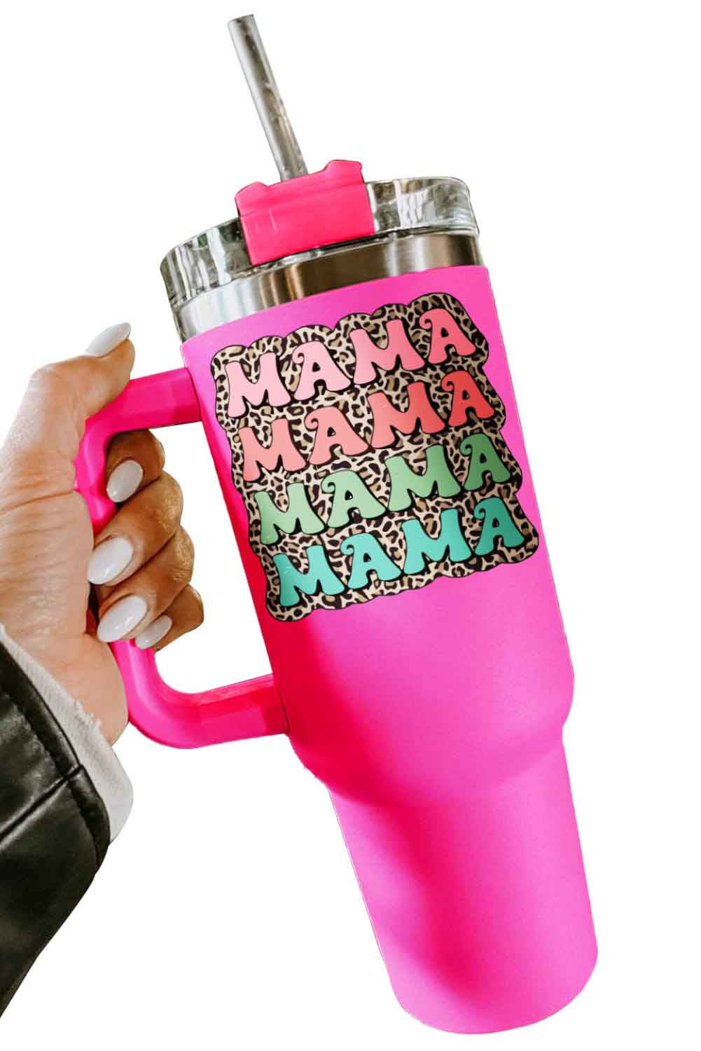 Tasse isotherme en acier inoxydable à imprimé léopard Mama avec poignée 40 oz