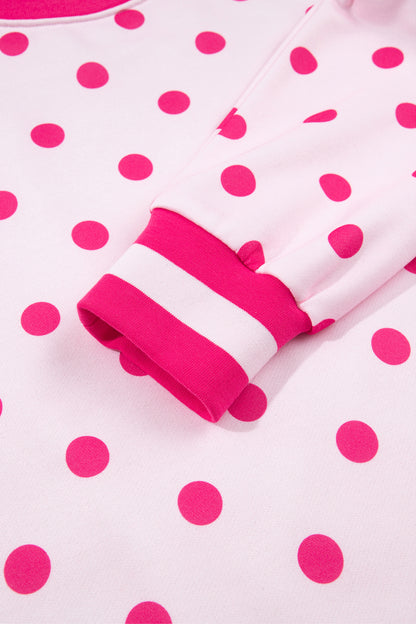 Pink Polka Dot Colorblock Round Neck Pullover Sweatshirt