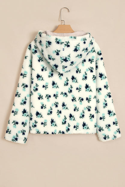 White Floral Print Faux Fur Hooded Metal Zip-up Winter Jacket