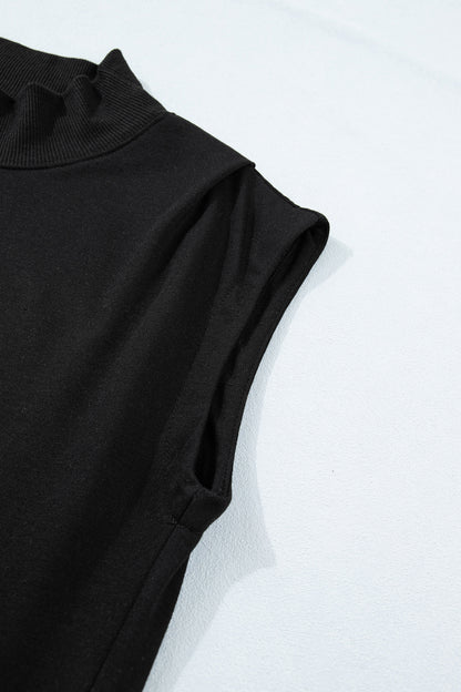 Black Solid Color High Neck Cap Sleeve Loose Top
