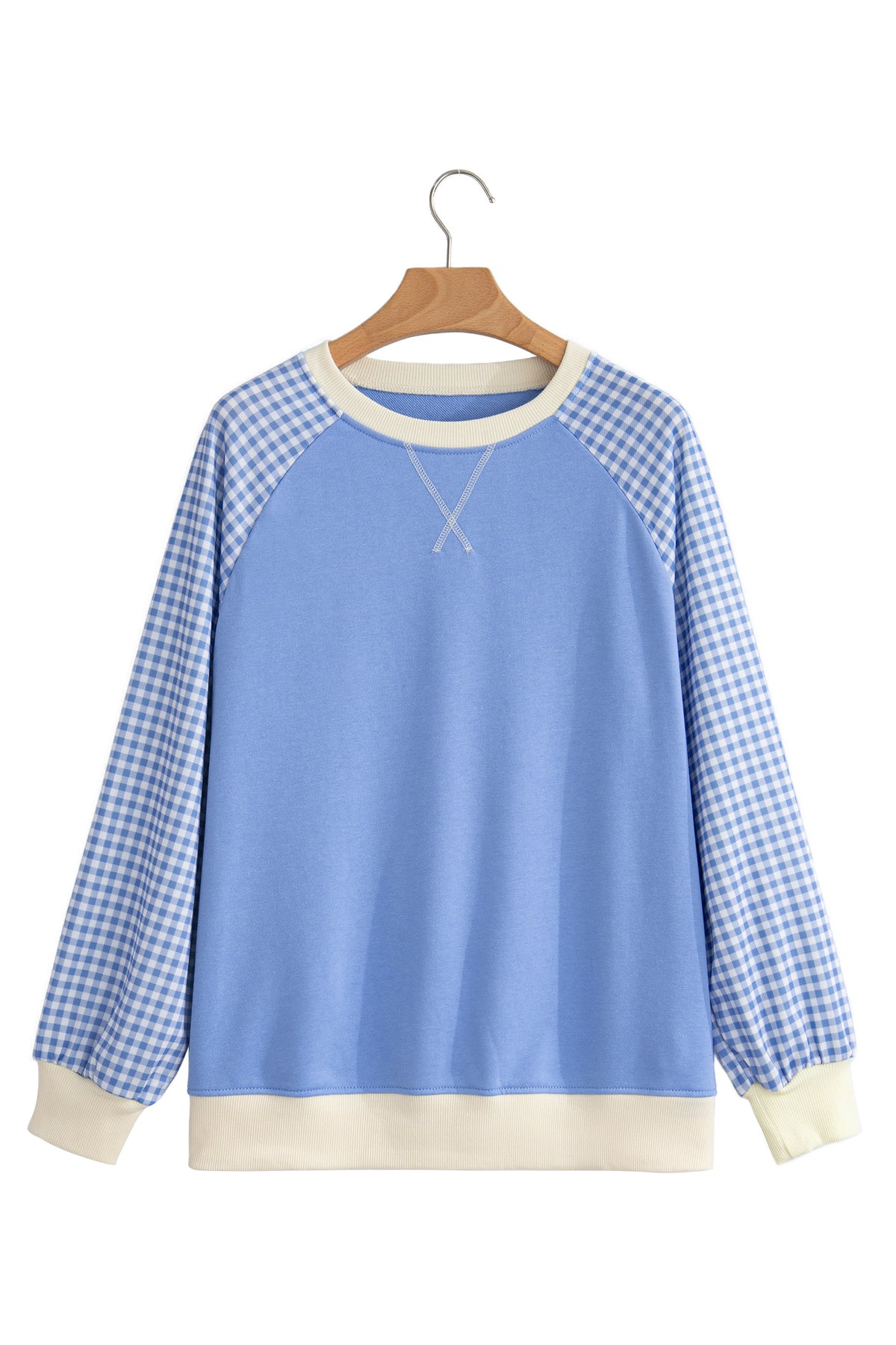 Light Blue Plaid Sleeve Colorblock Raglan Pullover Sweatshirt