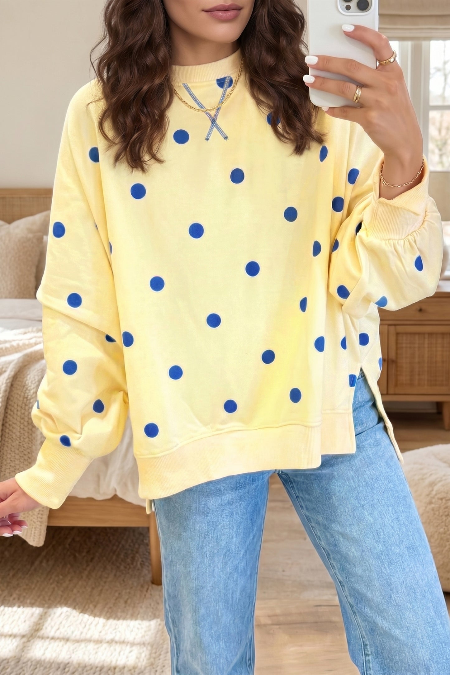 Beige Loose-fit Long Sleeve Round Neck Polka Dot Tunic Sweatshirt