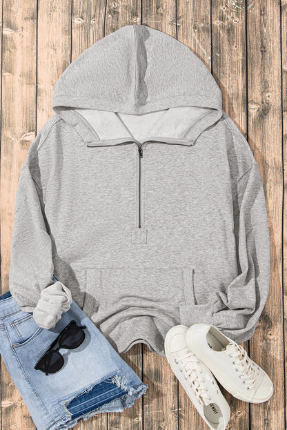 Sweat à capuche surdimensionné gris clair uni avec poche kangourou et demi-fermeture éclair