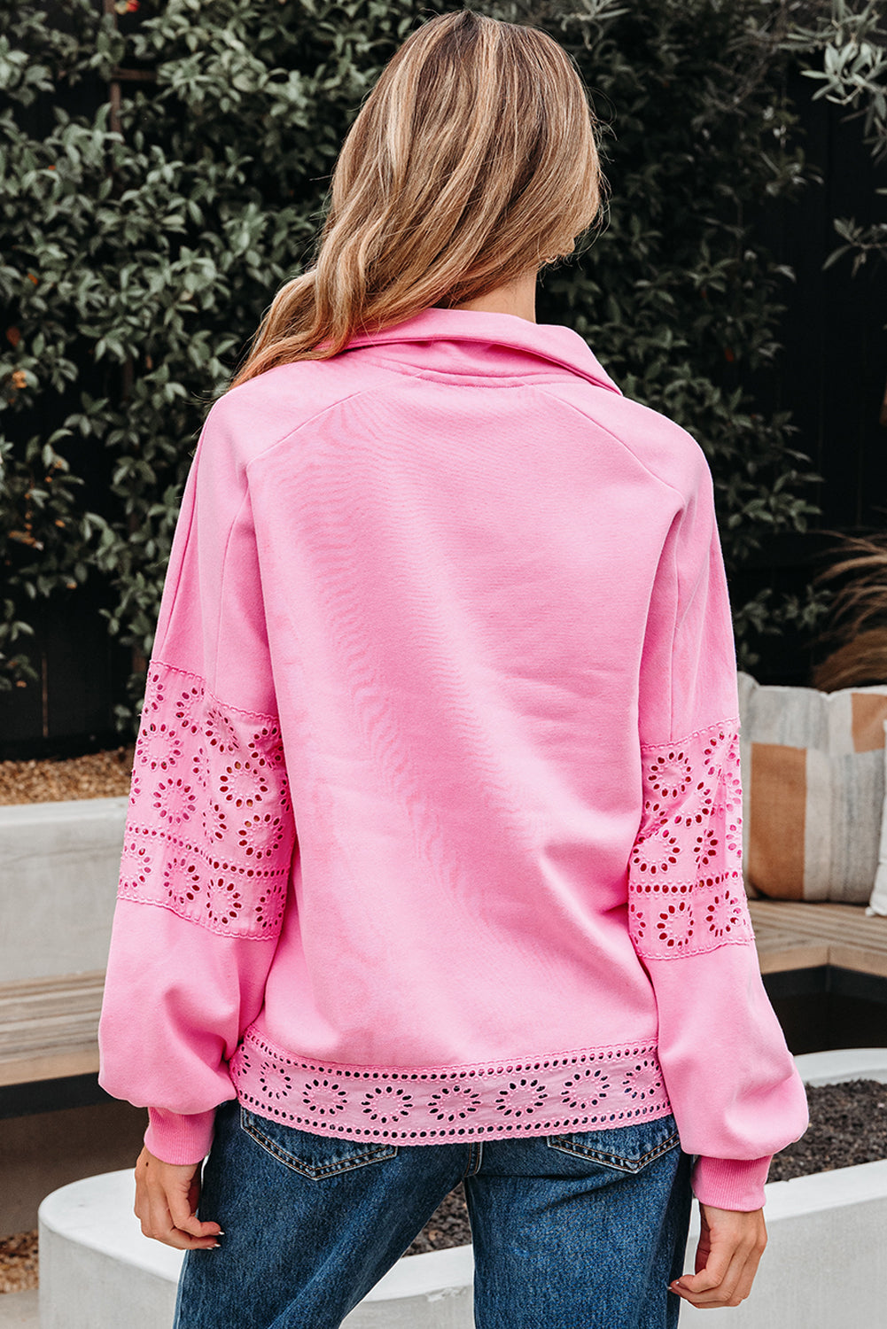 Yellow Cream Embroidered Flower Patchwork Snap Buttons Pullover Sweatshirt