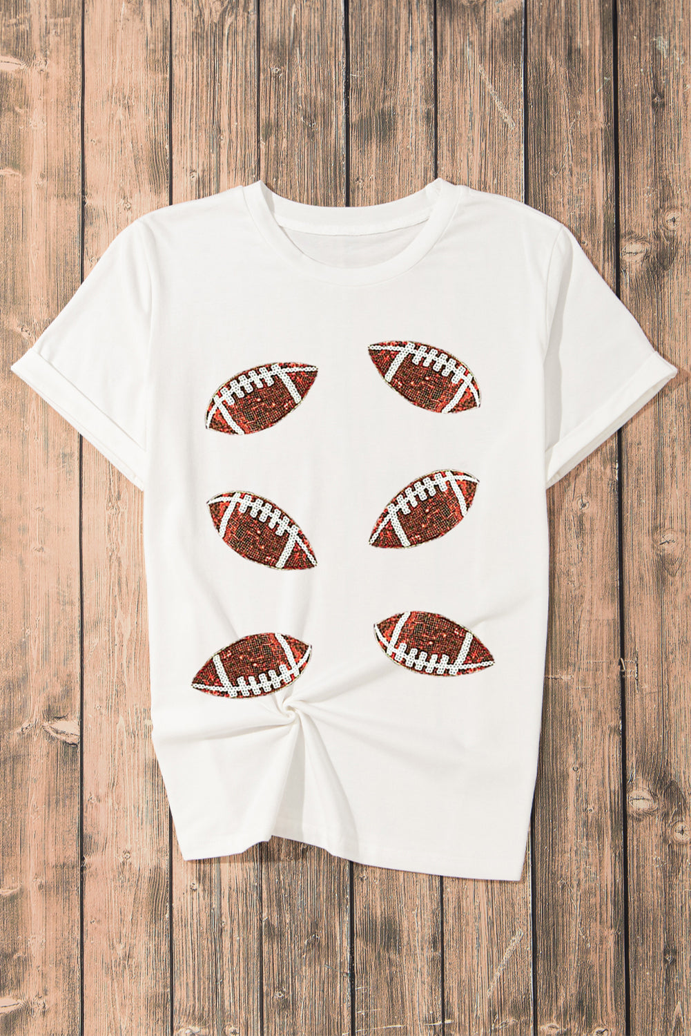 T-shirt blanc en coton à paillettes et motif rugby