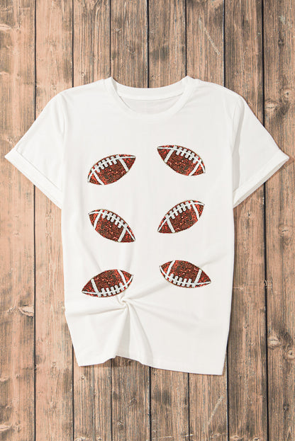 T-shirt blanc en coton à paillettes et motif rugby