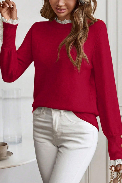 Racing Red Lace Trim Patchwork Buttoned Cuffs Loose Sweater