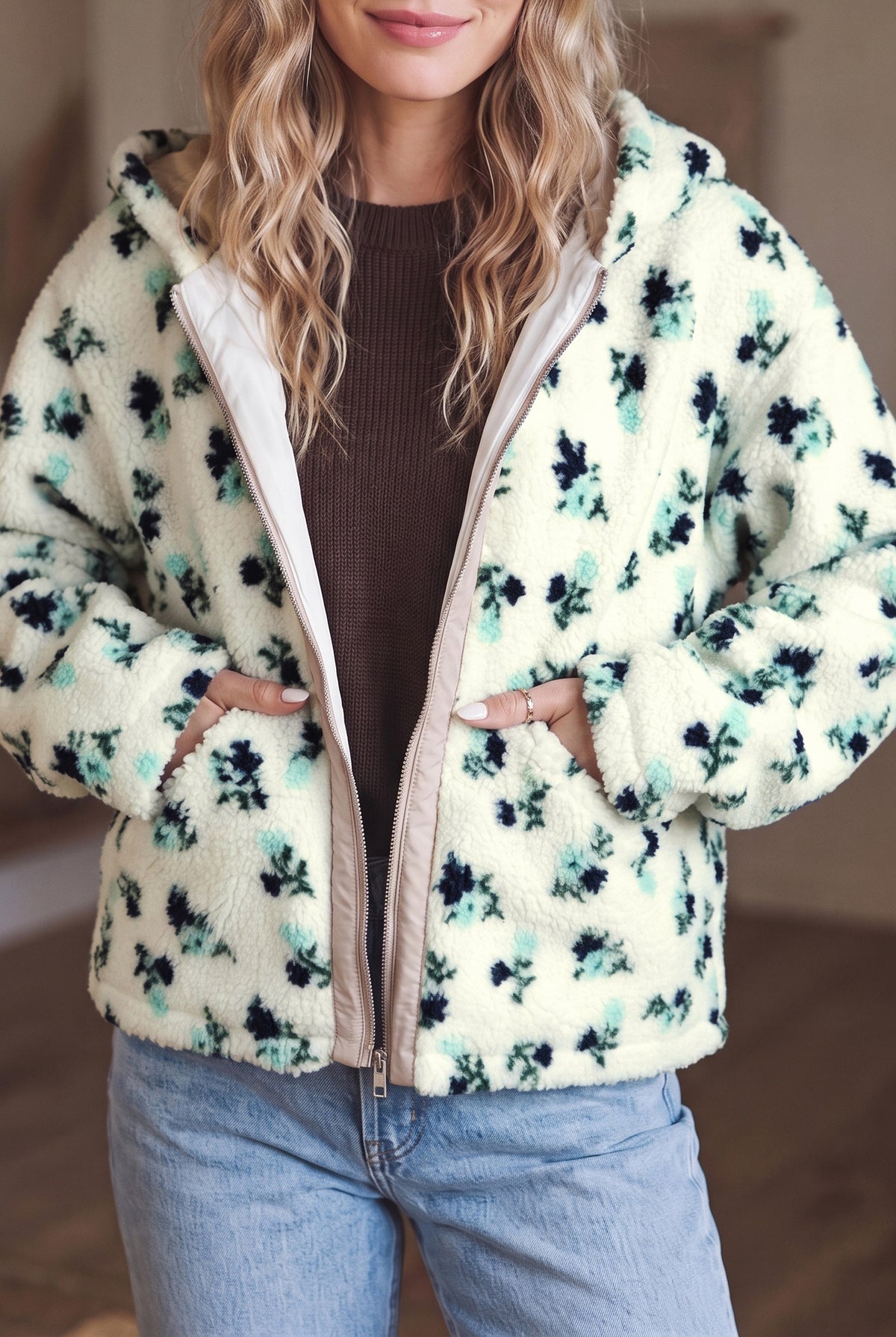White Floral Print Faux Fur Hooded Metal Zip-up Winter Jacket