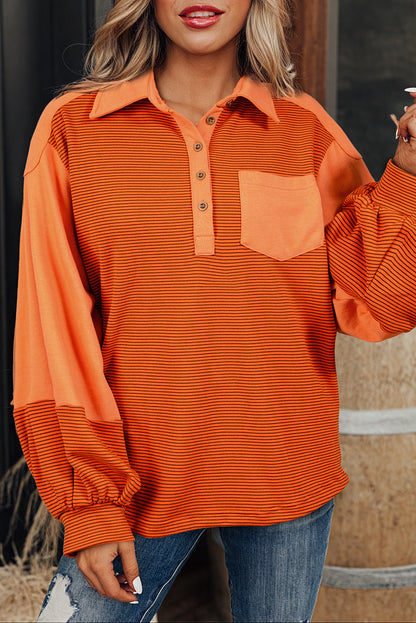 Sweat-shirt Henley à rayures orange, coutures apparentes, col rabattu et manches bouffantes