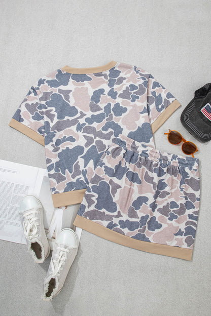 Multicolour Retro Camouflage Color Block Trim Skort 2pcs Outfit