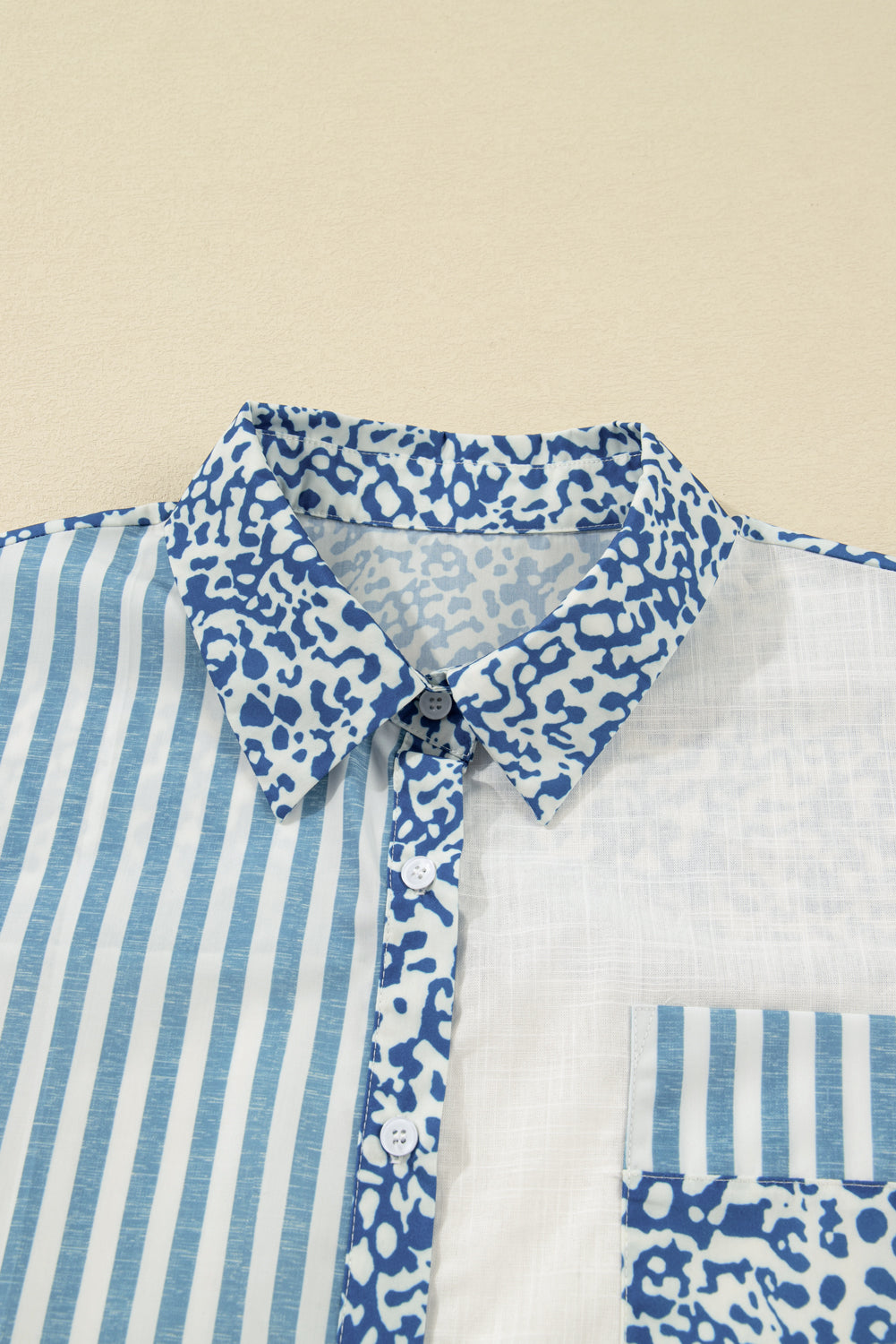 Sky Blue Leopard Striped Patchwork Casual Plus Shirt