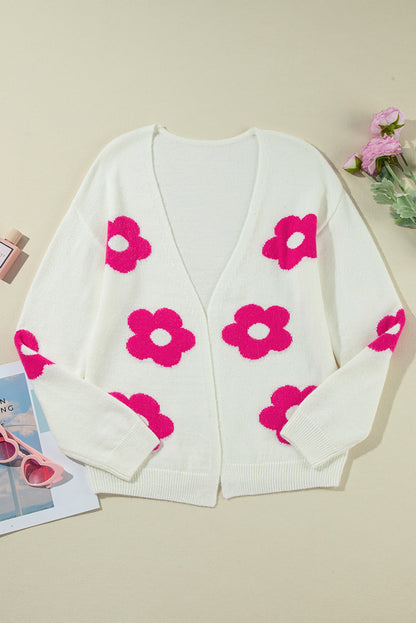 Cardigan ouvert à motif de fleurs roses rouges