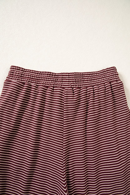 Brown Stripe Contrast Trim Round Neck Oversize Long Sleeve Top 2pcs Pant Set