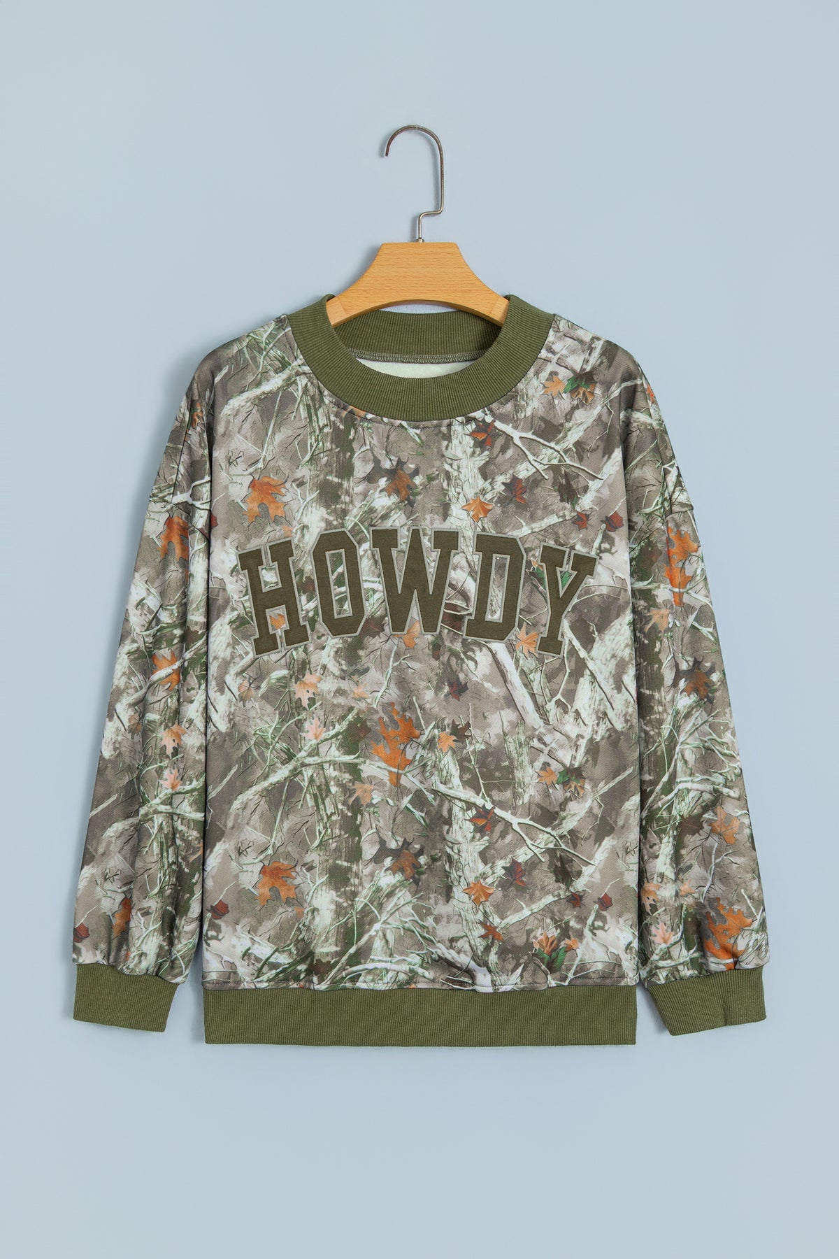 Green Western Camo/Mallard Letter Print Baggy Pullover Sweatshirt