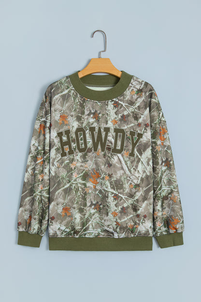 Green Western Camo/Mallard Letter Print Baggy Pullover Sweatshirt