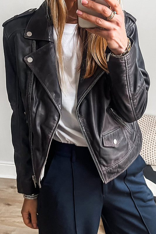 Veste zippée en cuir PU noir avec col à revers