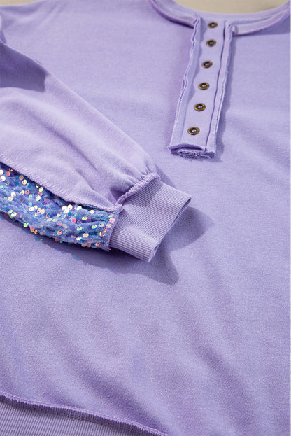 Lilac Sequin Patchwork High Low Hem Henley Sweatshirt