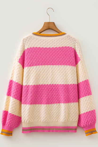 Pink Stripe Striped Colorblock Texture Drop Shoulder Sweater
