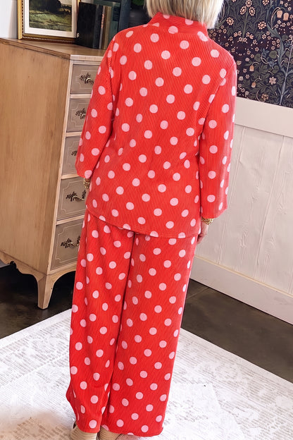 Red Polka Dot Ribbed Knit Mock Neck Pullover Two Piece Pants Set