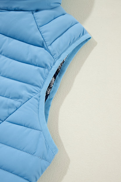 Sky Blue Plush Collared Quilted Zipped Puffer Vest