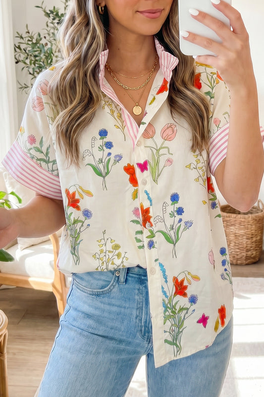 Beige Floral Striped Patchwork Ruffled Collar Short Sleeve Shirt