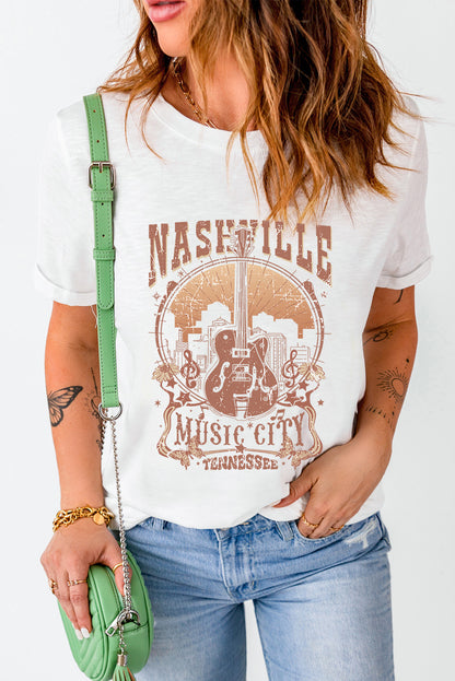 T-shirt ras du cou blanc vintage avec imprimé Nashville Music City