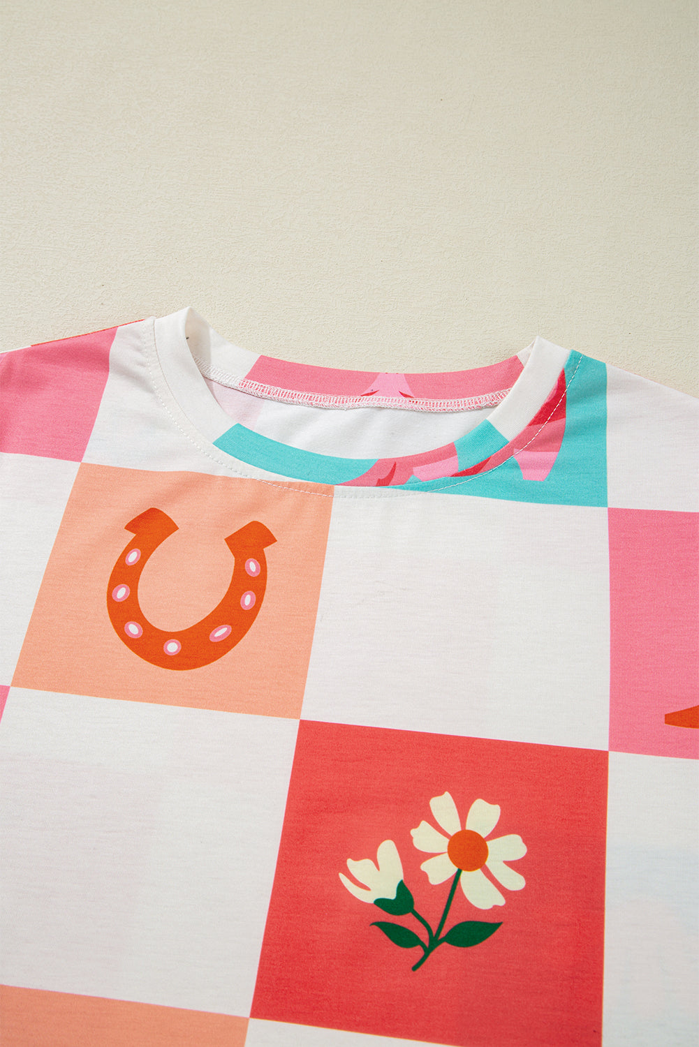 T-shirt à col rond orange à imprimé carreaux Western Fashion