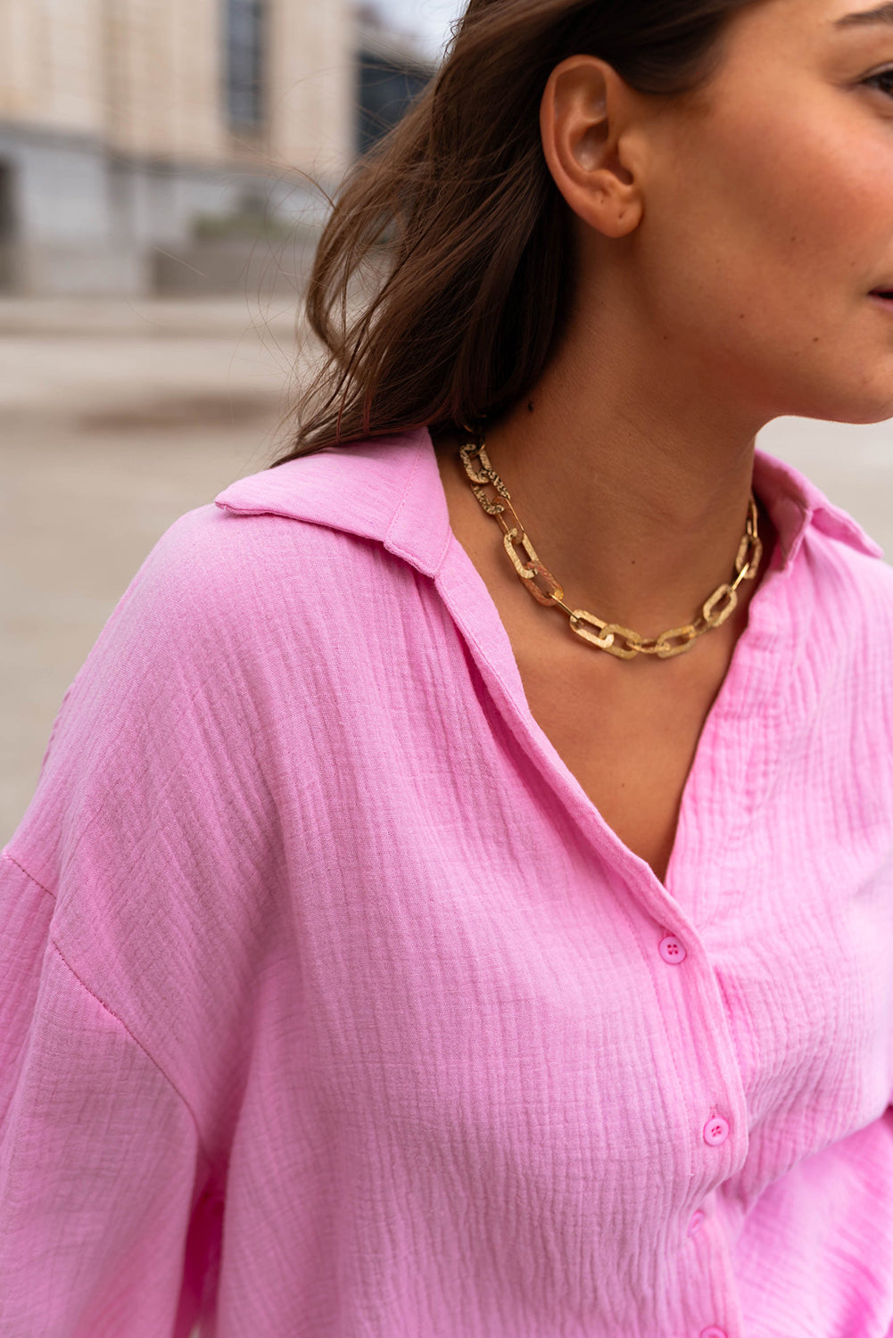 Chemise froissée à manches bouffantes de couleur unie Bonbon