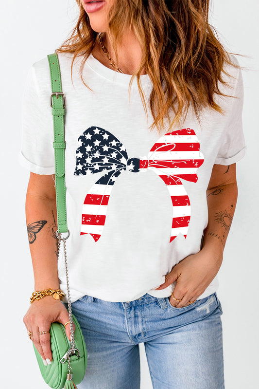 White Stars and Stripes Bowknot Graphic Round Neck Tee