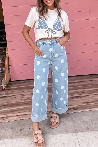Sky Blue Polka Dot Ankle-Length Metal Button Casual Jeans