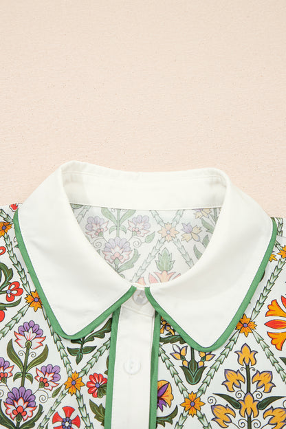 Green Short Bubble Sleeve Floral Shirt