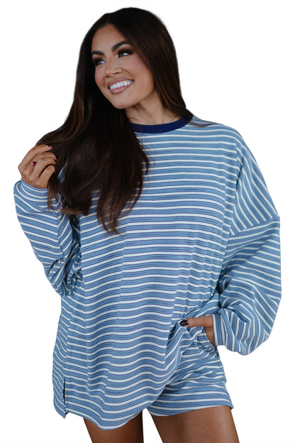 Sky Blue Stripe Long Sleeve Oversized Top Pocketed Casual Shorts Two Piece Set