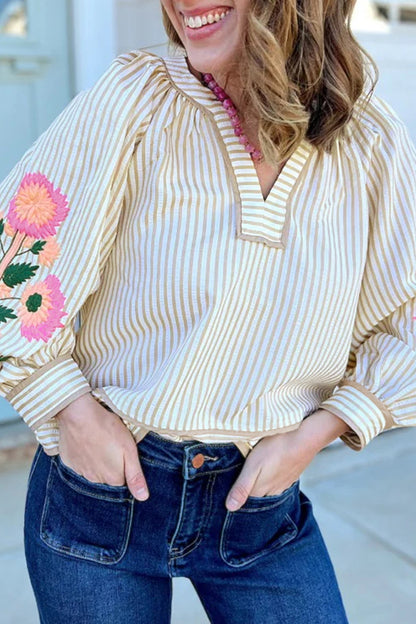 Khaki Stripe V Neck Floral Embroidered Long Sleeve Blouse